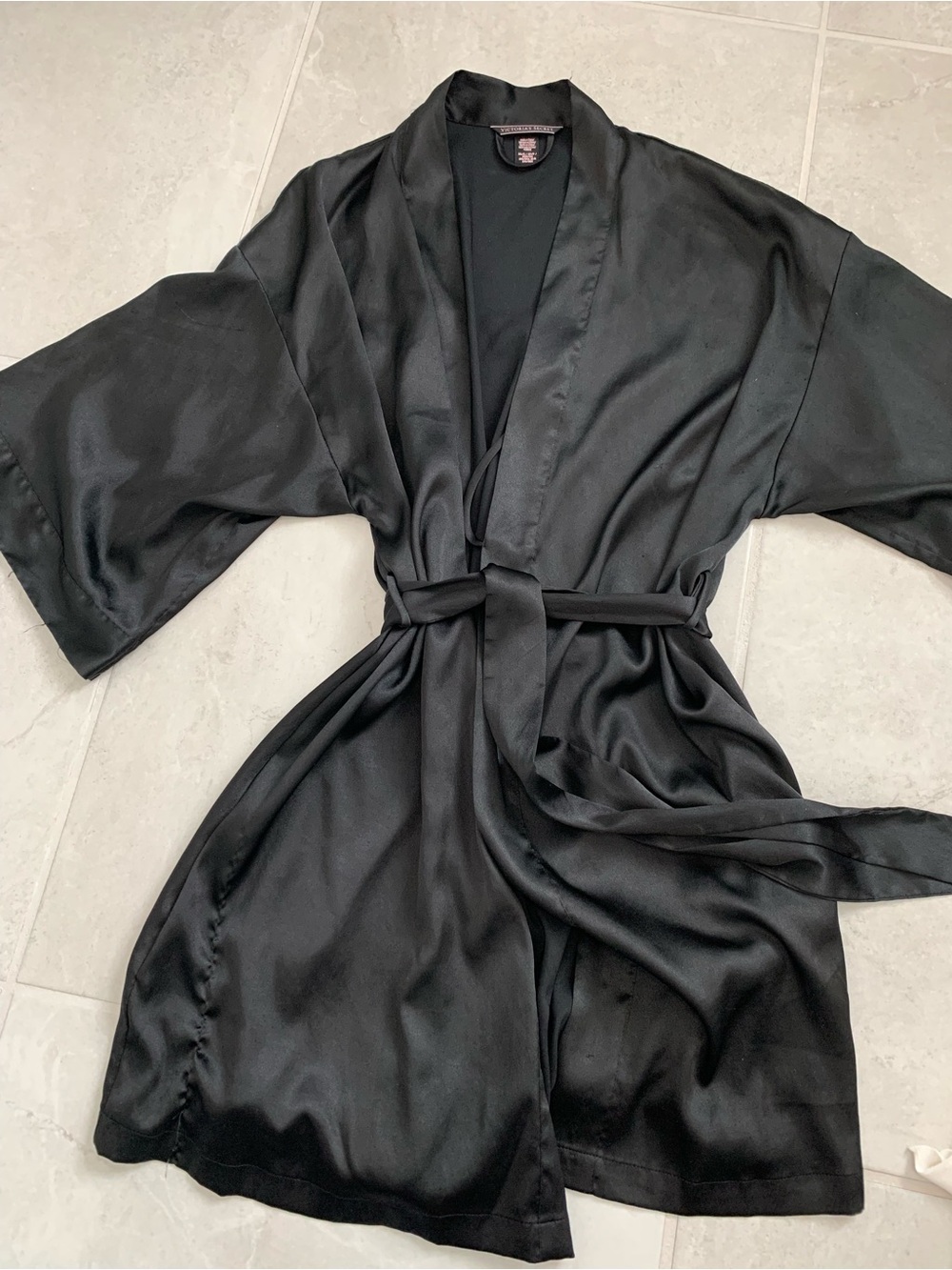 Victoria's Secret Black Satin Kimono Robe with Self-Tie Belt